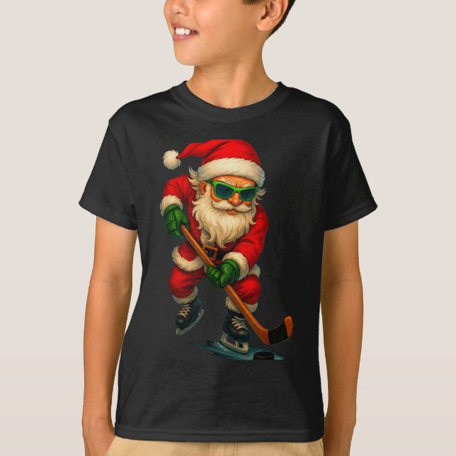 T-shirt Santa Ice Hockey Player Christmas Xmas Boys Men Bo (Devant)