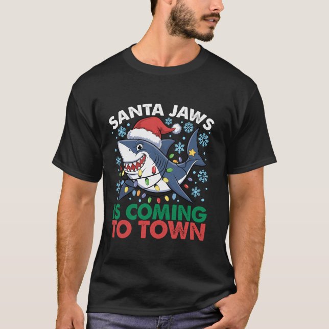 T-shirt Santa Jaws Shark Christmas Lights Merry Sharkmas X (Devant)