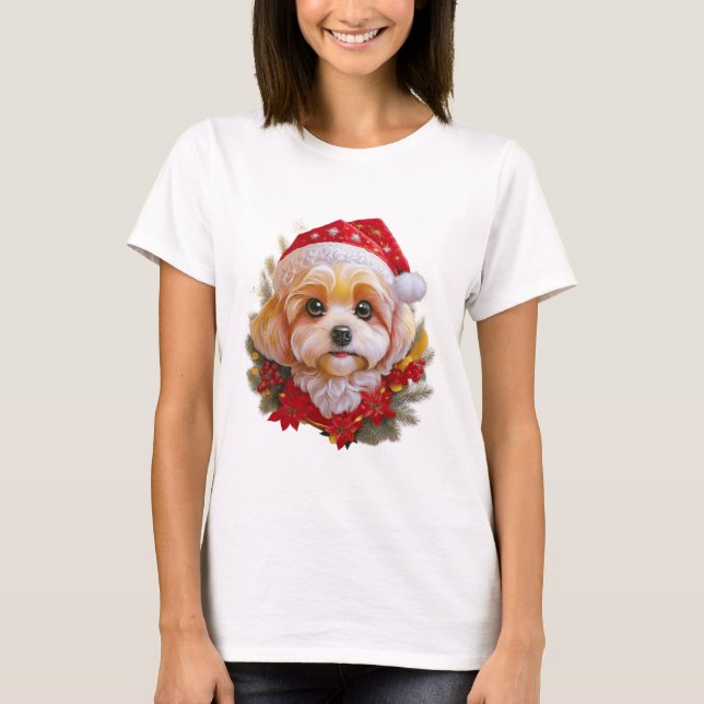 T-shirt Santa Paws Delight" – Holiday Pup in Red Hat (Devant)