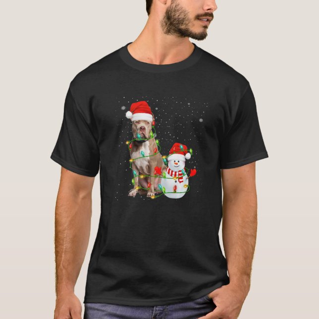 T-shirt Santa Pitbull Terrier Dog Snowman Xmas Tree Lights (Devant)