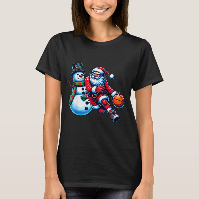 T-shirt Santa Playing Basketball With A Snowman Christmas  (Devant)