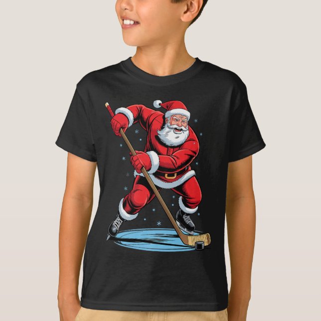 T-shirt Santa Playing Hockey Funny Holiday Christmas Xmas  (Devant)