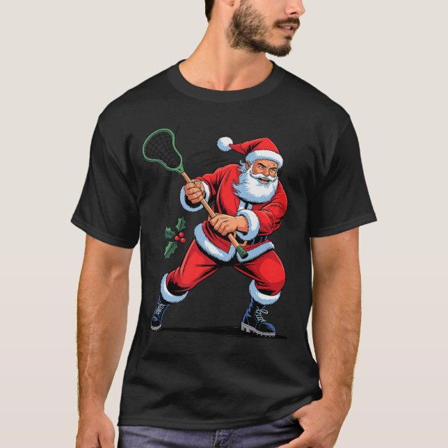 T-shirt Santa Playing Lacrosse Funny Holiday Christmas Xma (Devant)