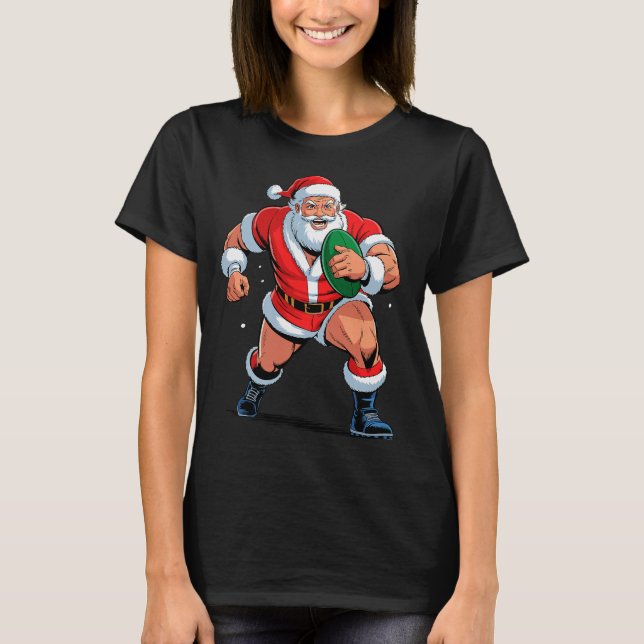 T-shirt Santa Playing Rugby Funny Holiday Christmas Xmas P (Devant)