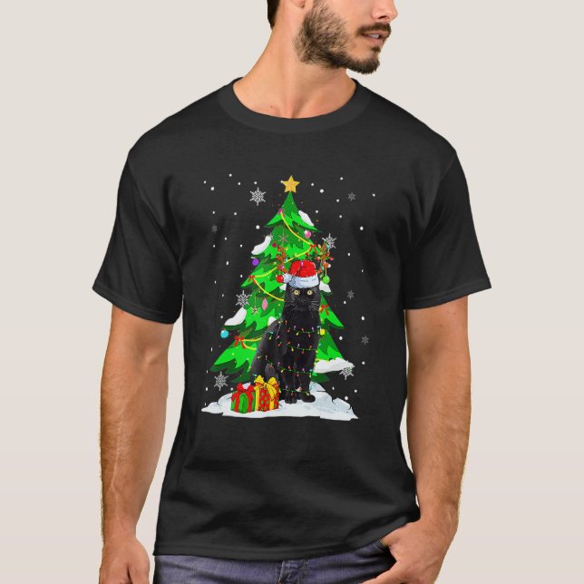 T-shirt Santa Reindeer Black Cat Xmas Tree Lights Christma (Devant)