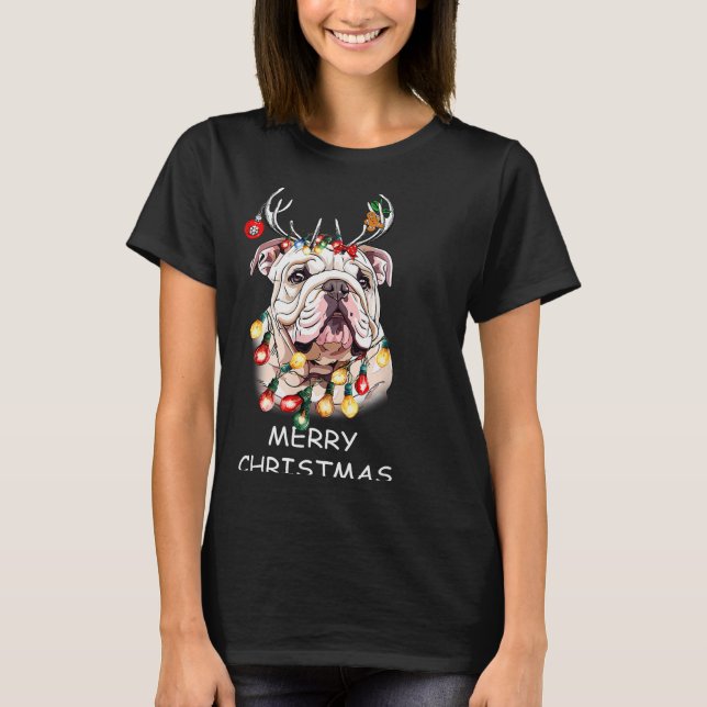 T-shirt Santa Reindeer English Bulldog Dog Christmas Light (Devant)