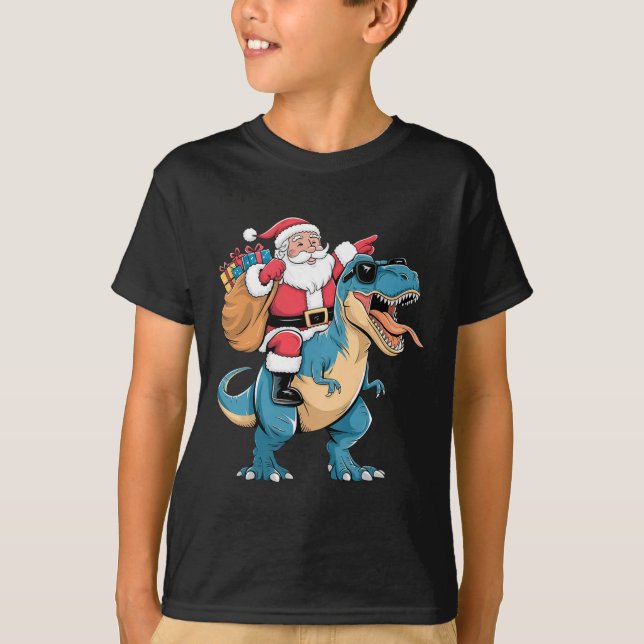 T-shirt Santa Riding Dinosaur T Rex Christmas Boys Men Gir (Devant)