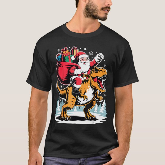 T-shirt Santa Riding Dinosaur T Rex Christmas Boys Xmas  (Devant)