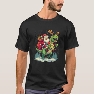 T-shirt Santa Riding Dinosaur T rex Deer Xmas Lights pajam