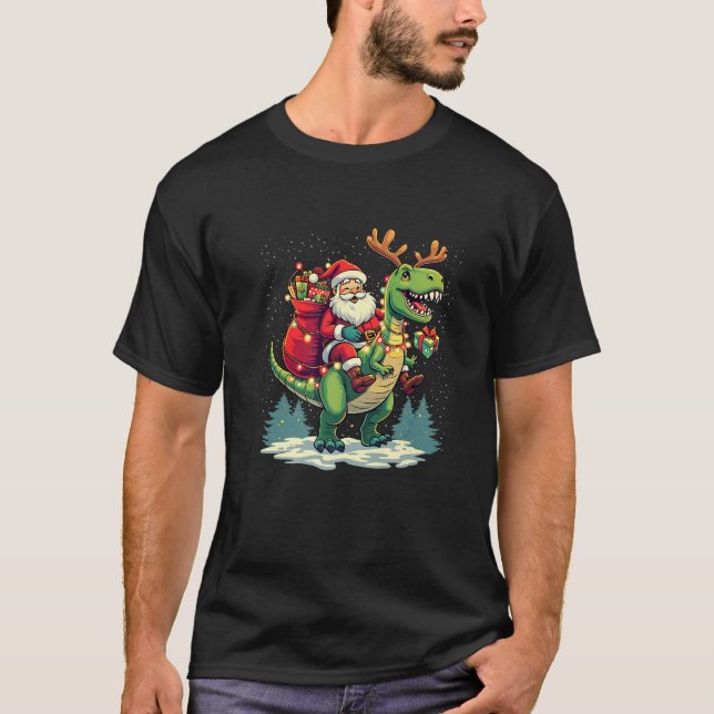 T-shirt Santa Riding Dinosaur T rex Deer Xmas Lights pajam (Devant)