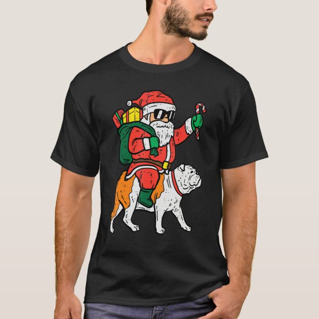 T-shirt Santa Riding English Bulldog Christmas Xmas Boys G (Devant)