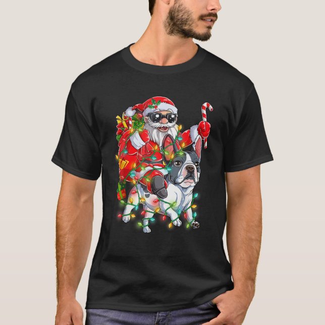 T-shirt Santa Riding Frenchie Dog Christmas Tree Lights Xm (Devant)