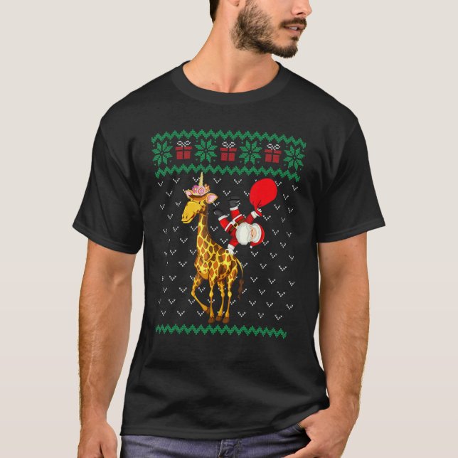 T-shirt Santa Riding Giraffe Unicorn Christmas Ugly Pajama (Devant)