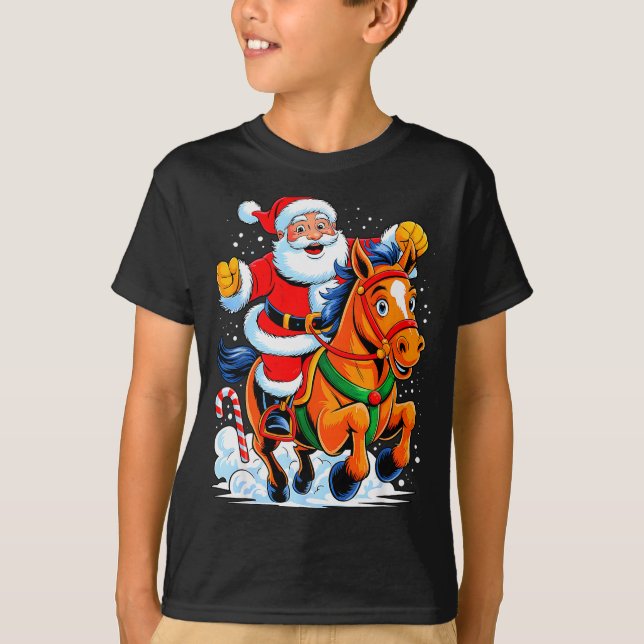 T-shirt Santa Riding Horse Funny Equestrian Christmas Xmas (Devant)
