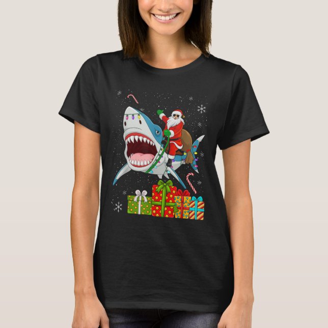 T-shirt Santa Riding Shark Christmas Pajama Cute Ocean Ani (Devant)