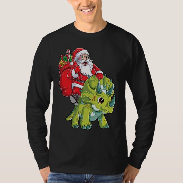 T-shirt Santa Riding Triceratops Dinosaur Christmas Boys K (Devant)