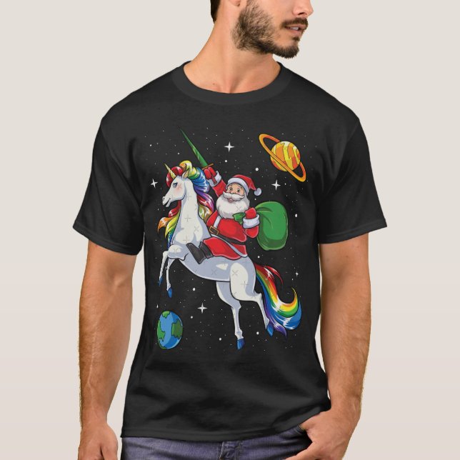 T-shirt Santa Riding Unicorn Christmas Gifts Rainbow Space (Devant)