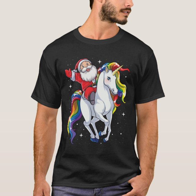 T-shirt Santa Riding Unicorn Christmas Gifts Rainbow Space (Devant)