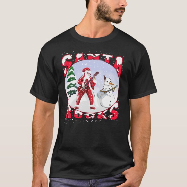 T-shirt Santa Rocks Playing Guitar With Snowman (Devant)