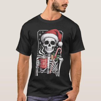 T-shirt Santa Skeleton With Hot Chocolate Mug Candy Cane W