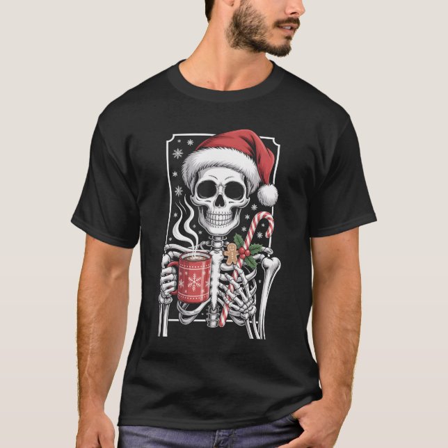T-shirt Santa Skeleton With Hot Chocolate Mug Candy Cane W (Devant)