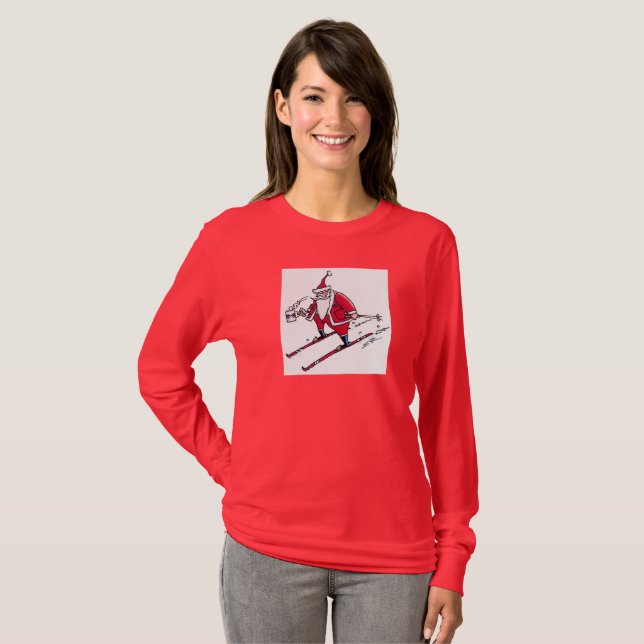 T-shirt Santa Skiing women red long sleeve shirt (Devant entier)