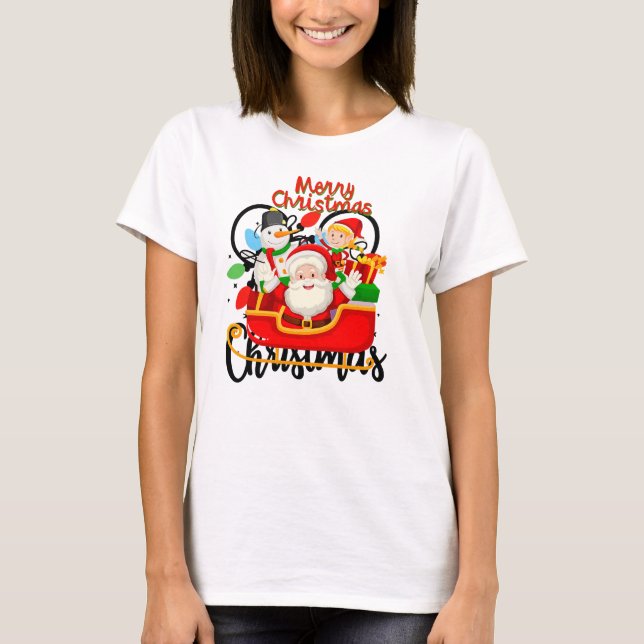 T-shirt Santa Sleigh Merry Christmas Cartoon (Devant)