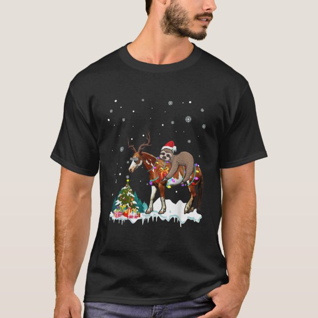 T-shirt Santa Sloth Riding Horse Reindeer Xmas Light Lover (Devant)