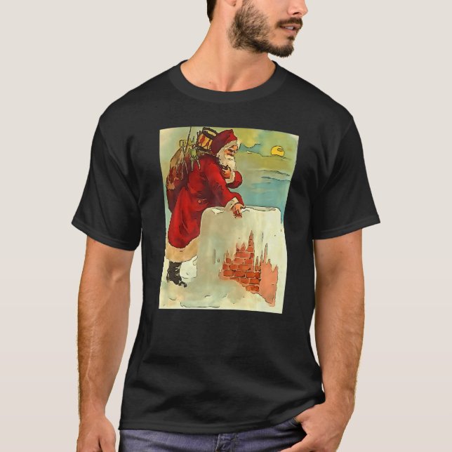 T-shirt Santa Stepping Into A Rooftop Chimney Black Outlin (Devant)