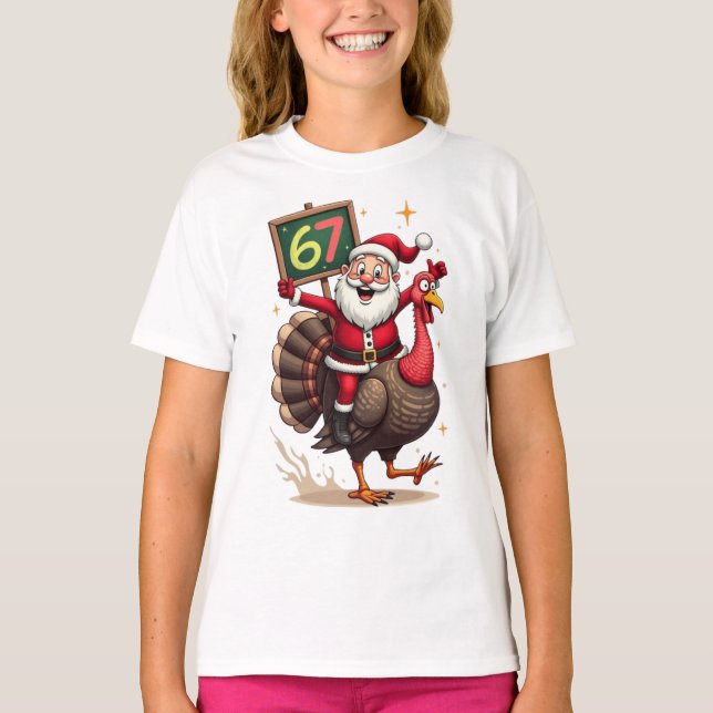 T-shirt 🎅🦃 Santa sur un dindon avec le numéro 67 Drôle (Devant)