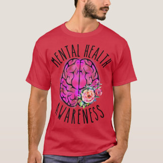 T-shirt Santé mentale Awareness Pink Brain Flowers Floral 