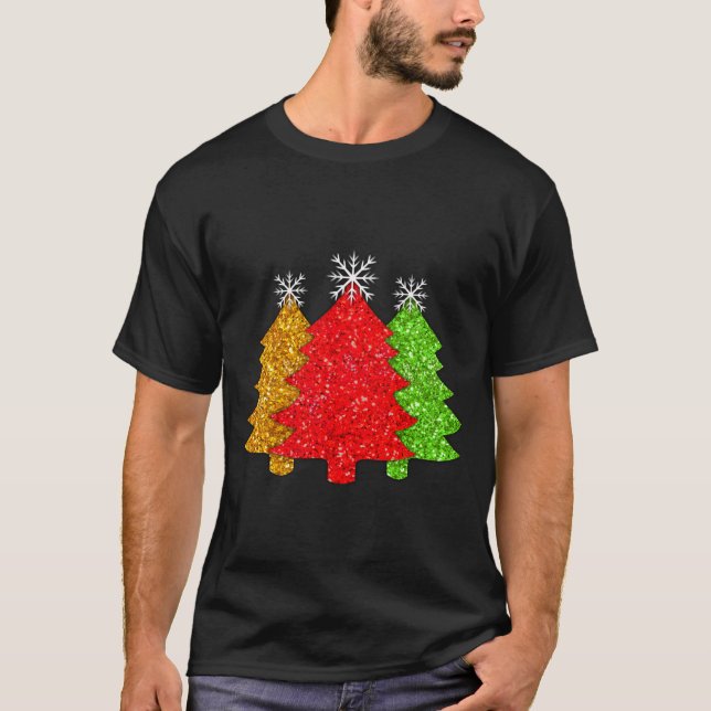 T-shirt Sapin de Noël Flocon de Neige Rouge Doré Vert Étin (Devant)