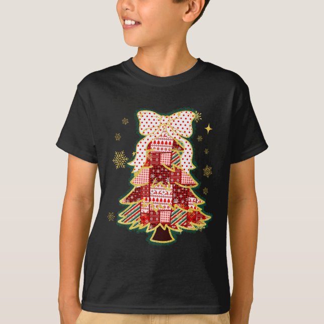 T-shirt Sapin de Noël patchwork Coquette Bow Noël Fêtes (Devant)