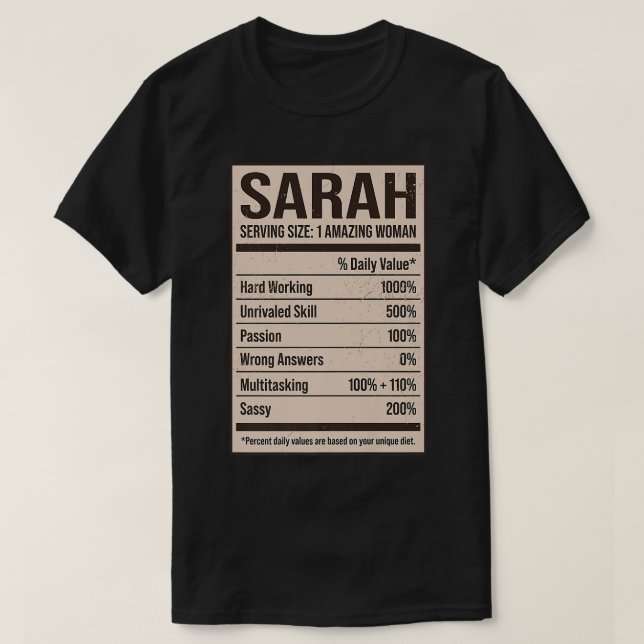 T-shirt Sarah Nutrition Fact Nom Pseudo Alias Titre Fr (Design devant)