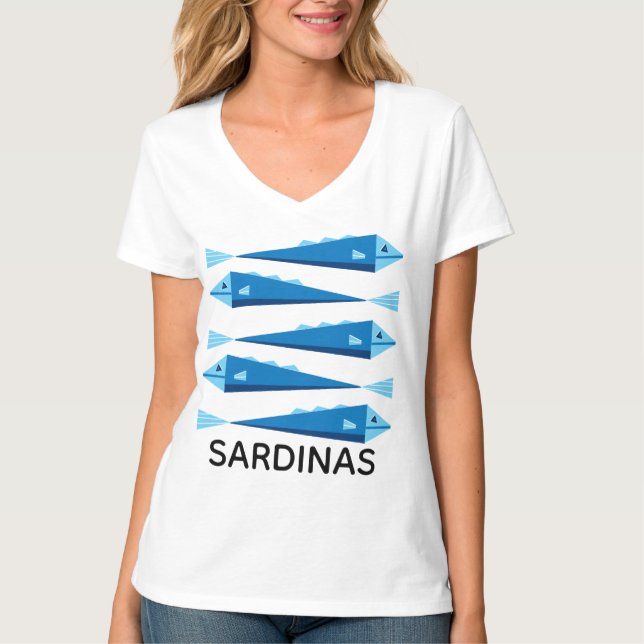 T-shirt Sardines de poisson bleu dessus blanc (Devant)