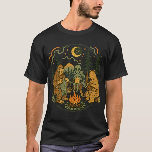 T-shirt Sasquatch Alien Campfire Friends – Drôle de Crypti (Devant)