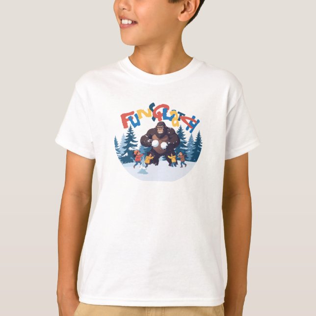 T-shirt Sasquatch having a snow ball fight with kids (Devant)