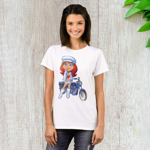 T-shirt Sassy Biker Girl avec cheveux rouges et moto
