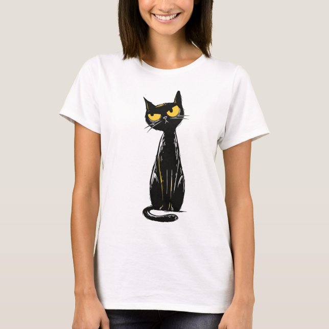 T-shirt Sassy Black Cat - Grumpy Yellow Eyes Illustration (Devant)