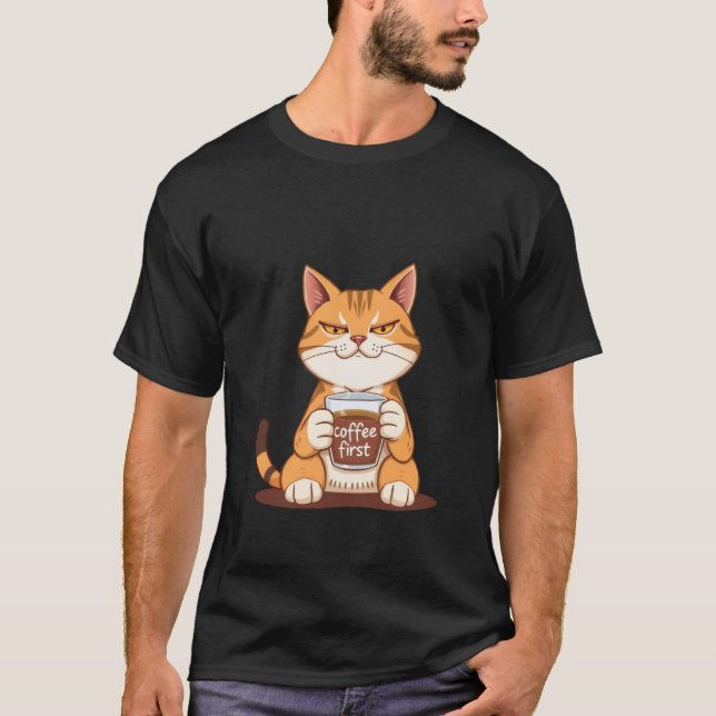 T-shirt Sassy Ginger Cat Coffee First Morning Mood ✨🐾☕ (Devant)