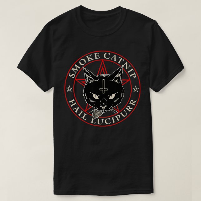 T-shirt Satanic Black Cat Hail Satan Smoke Catnip Hail Luc (Design devant)