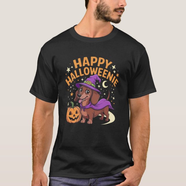T-shirt Saucisson de Dachshund Sorcière Joyeux Halloween (Devant)