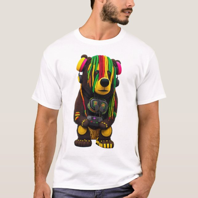 T-shirt Sauter la jungle Un ours rasta avec des casques (Devant)