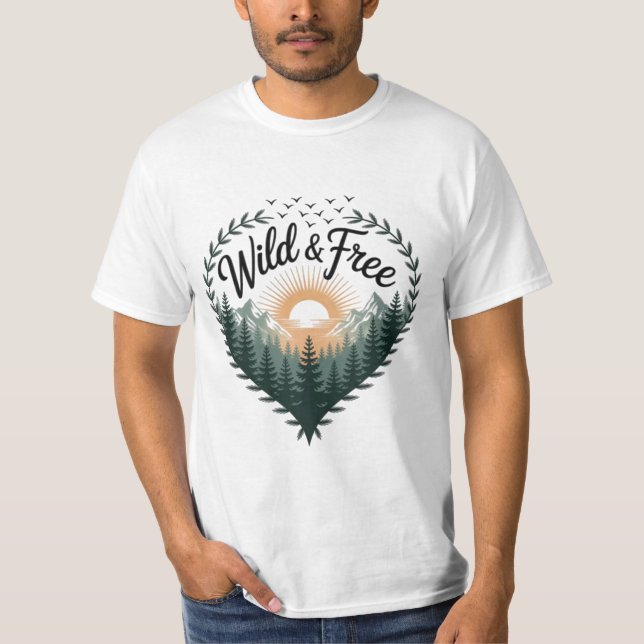T-shirt ☀️ Sauvage & Libre – Lever de soleil sur la forêt (Devant)