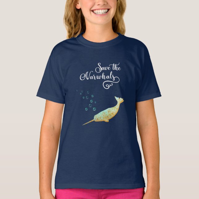 T-shirt Sauvez le Narwhals. Aquarelle, art de calligraphie (Devant)