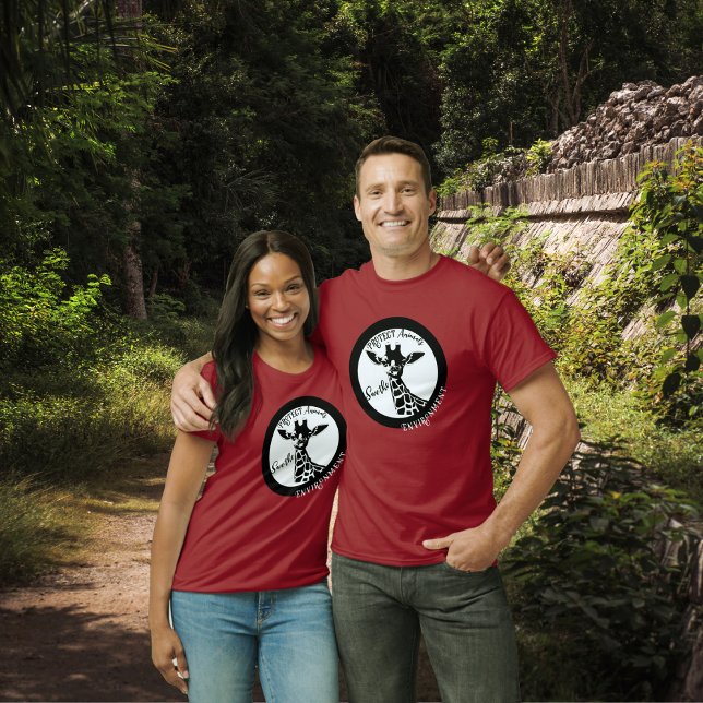 T-shirt Savanna Queen (A couple in the nature wearing dark red t-shirt with fantabuloustef Savanna Queen giraffe artwork)
