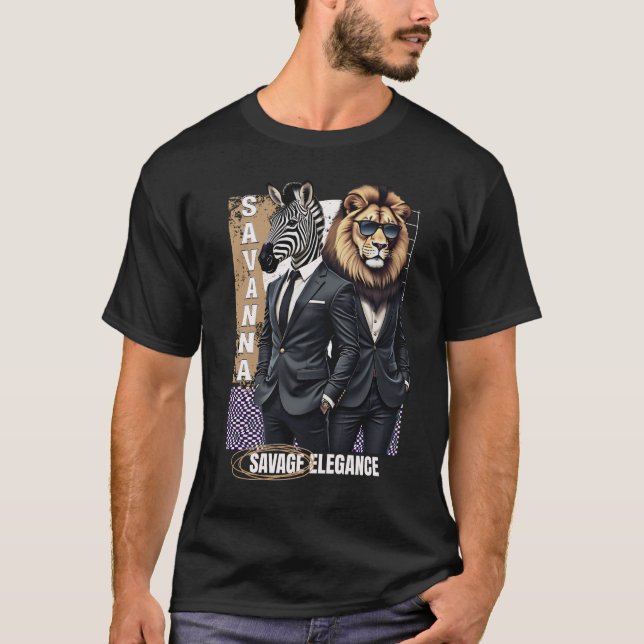 T-shirt Savanna Style: Elegant Zebra and Lion in Suits (Devant)