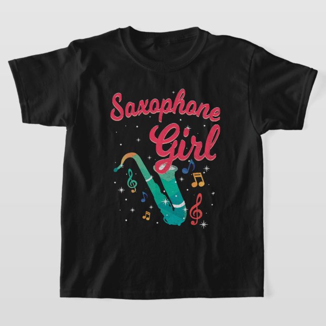 T-shirt Saxophone Girl Musical Concert Treble Clef Notes S (Poser)