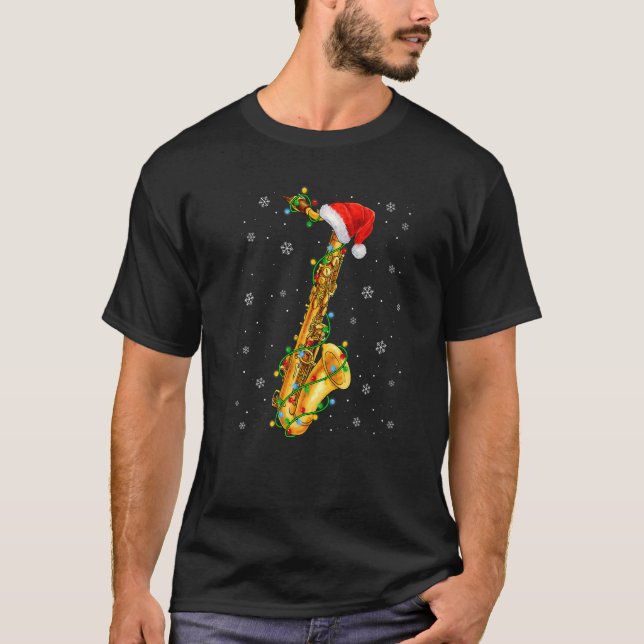 T-shirt Saxophone Musique Noël Lumières Santa Hat Noël (Devant)
