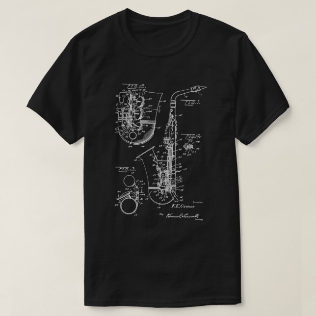 T-shirt Saxophone Player Cool Patent Style Alto Sax (Design devant)